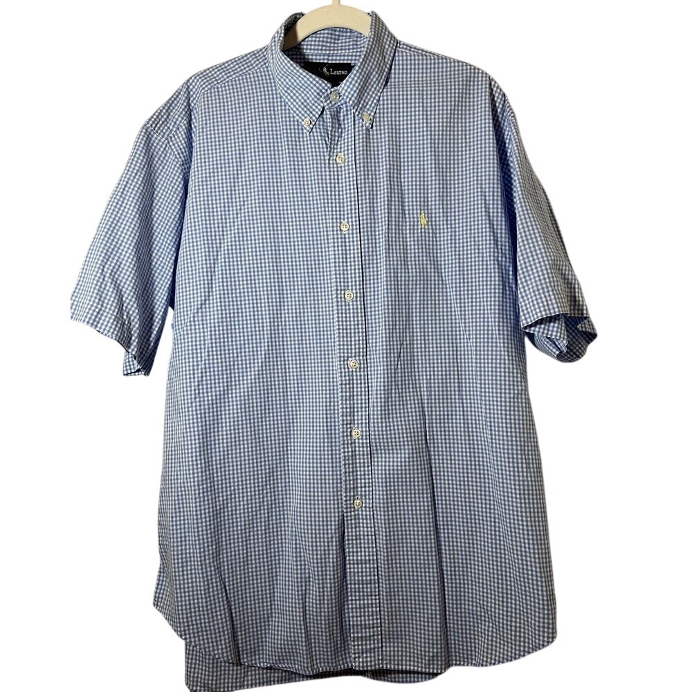 Ralph Lauren Button Down Shirt Blake Mens Large Short Sleeve Blue Check